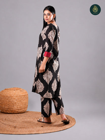 Elegant Black Beige Flora - Cotton Stitched 2Pc Suit Set