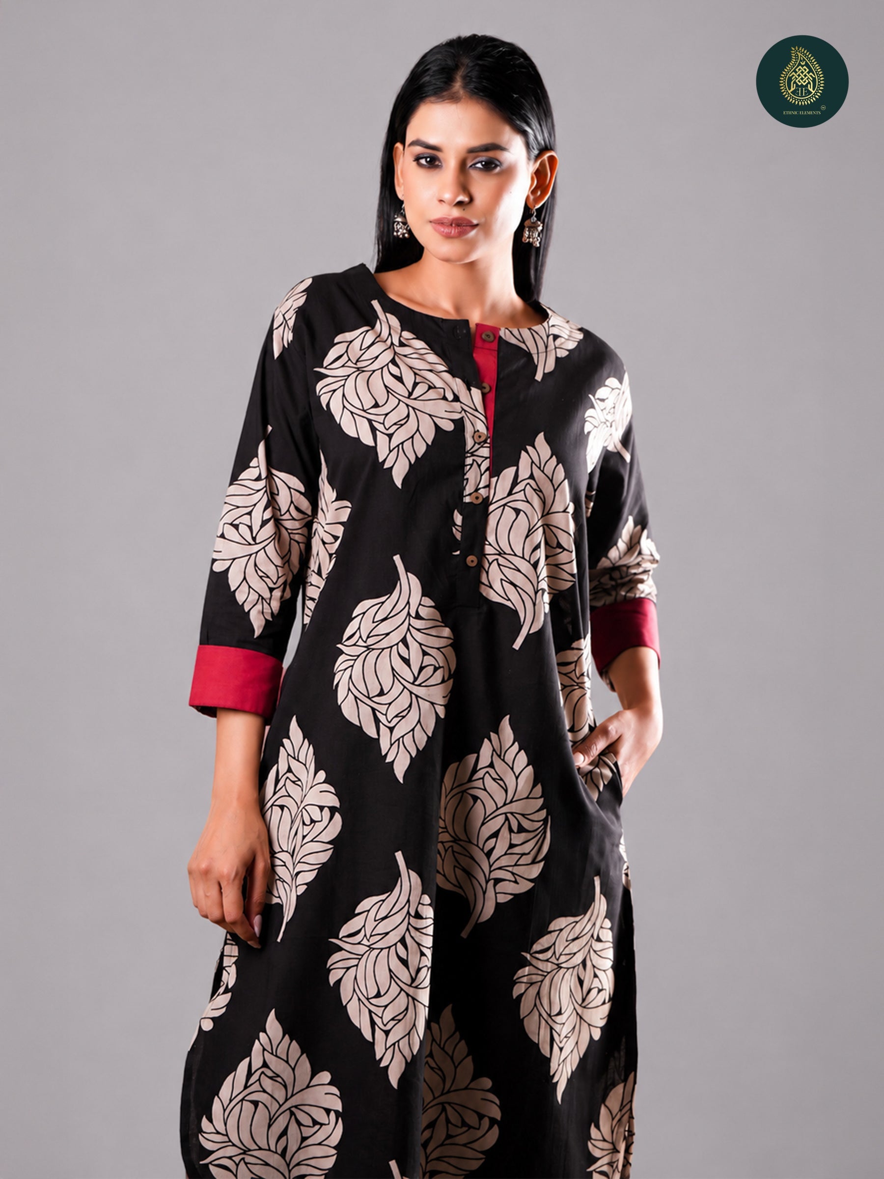 Elegant Black Beige Flora - Cotton Stitched 2Pc Suit Set