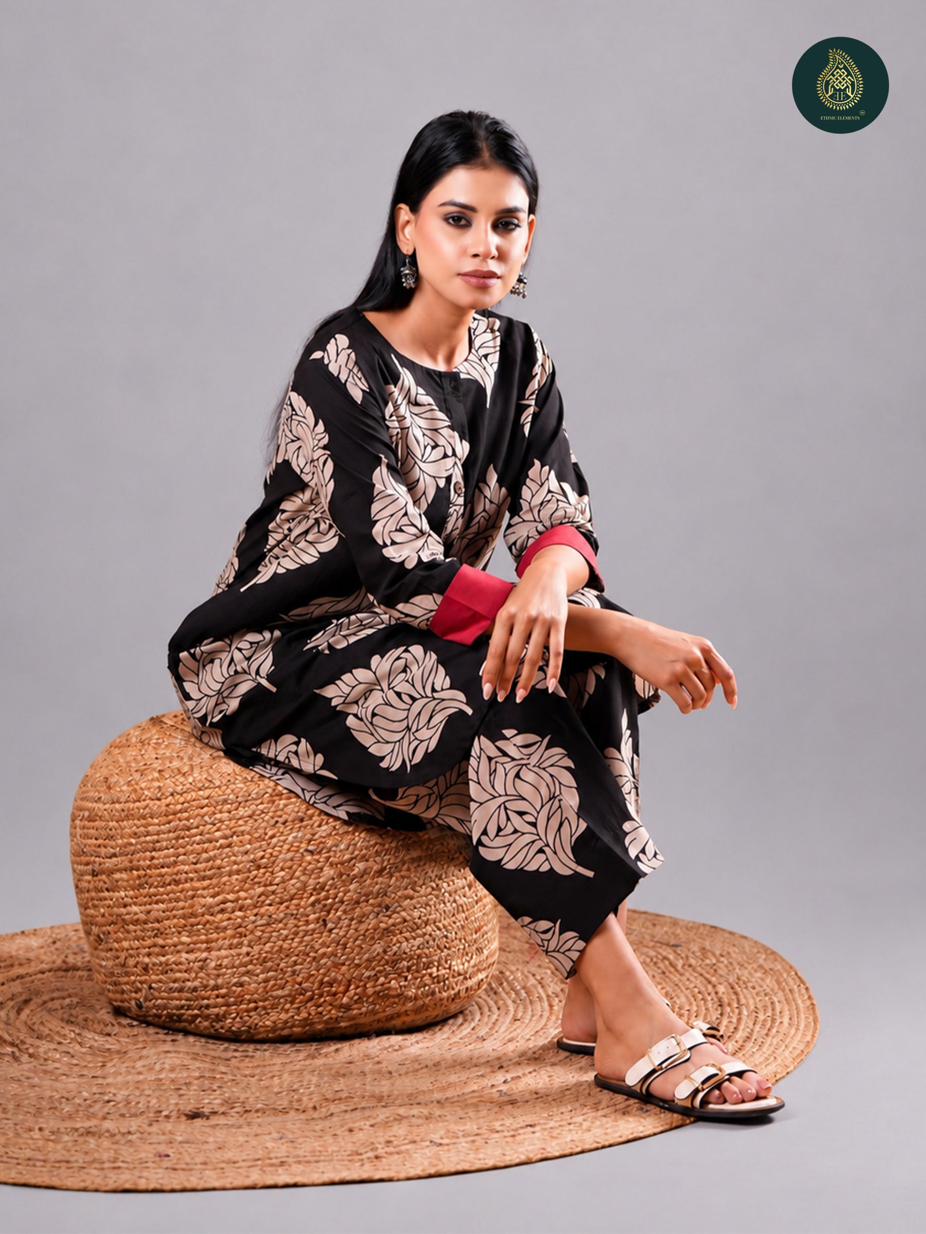 Elegant Black Beige Flora - Cotton Stitched 2Pc Suit Set
