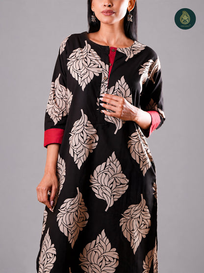 Elegant Black Beige Flora - Cotton Stitched 2Pc Suit Set