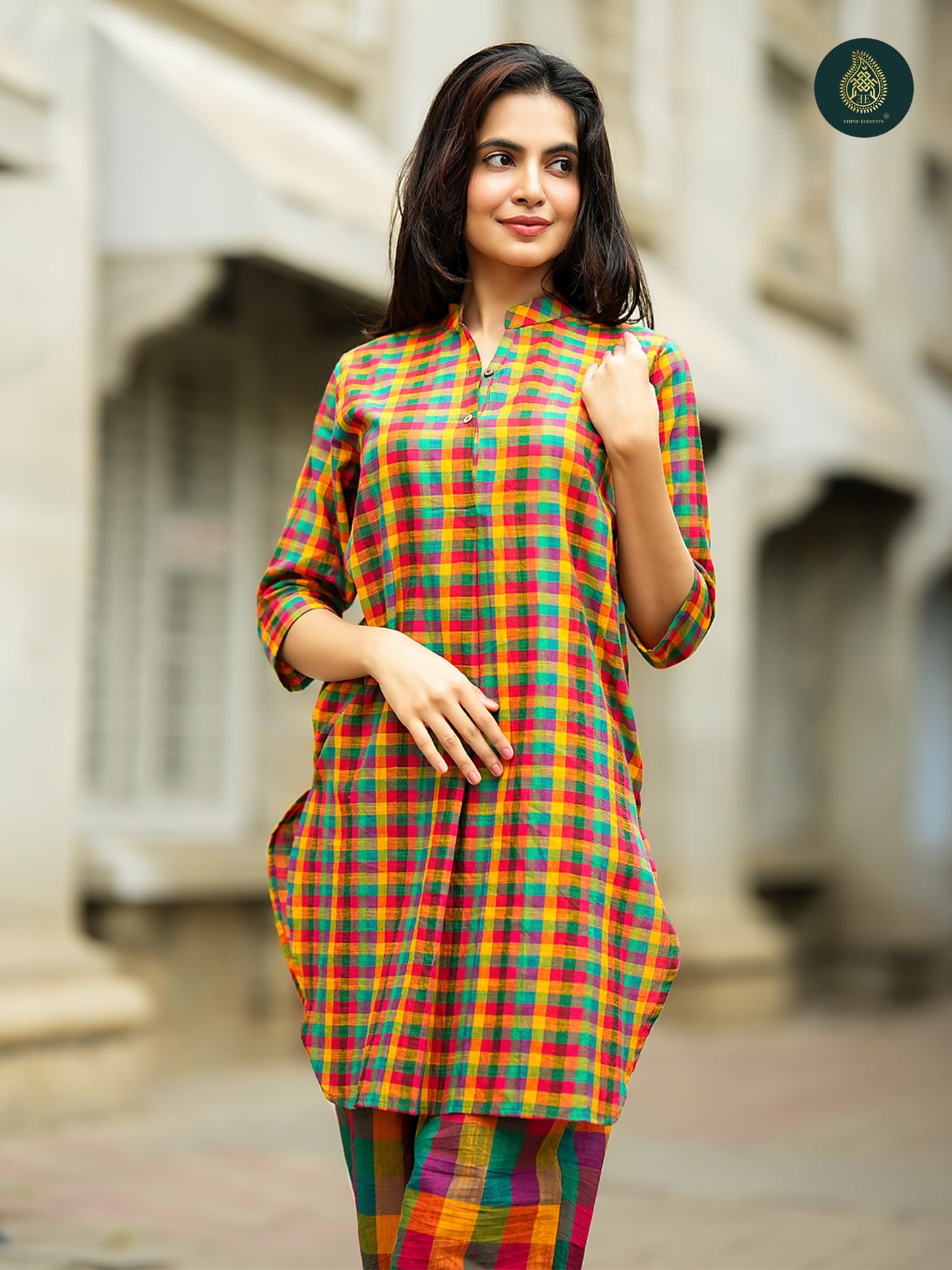 Multicolour Madras check Cotton Kurta & Afghani Stitched Salwar Set For Women