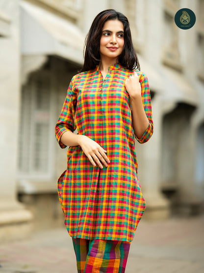 Multicolour Madras check Cotton Kurta & Afghani Stitched Salwar Set For Women