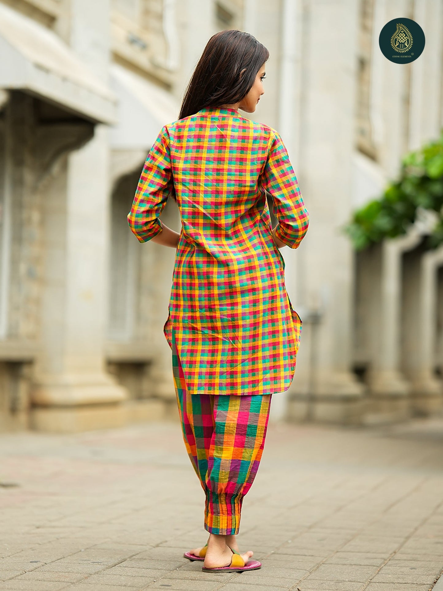 Multicolour Madras check Cotton Kurta & Afghani Stitched Salwar Set For Women