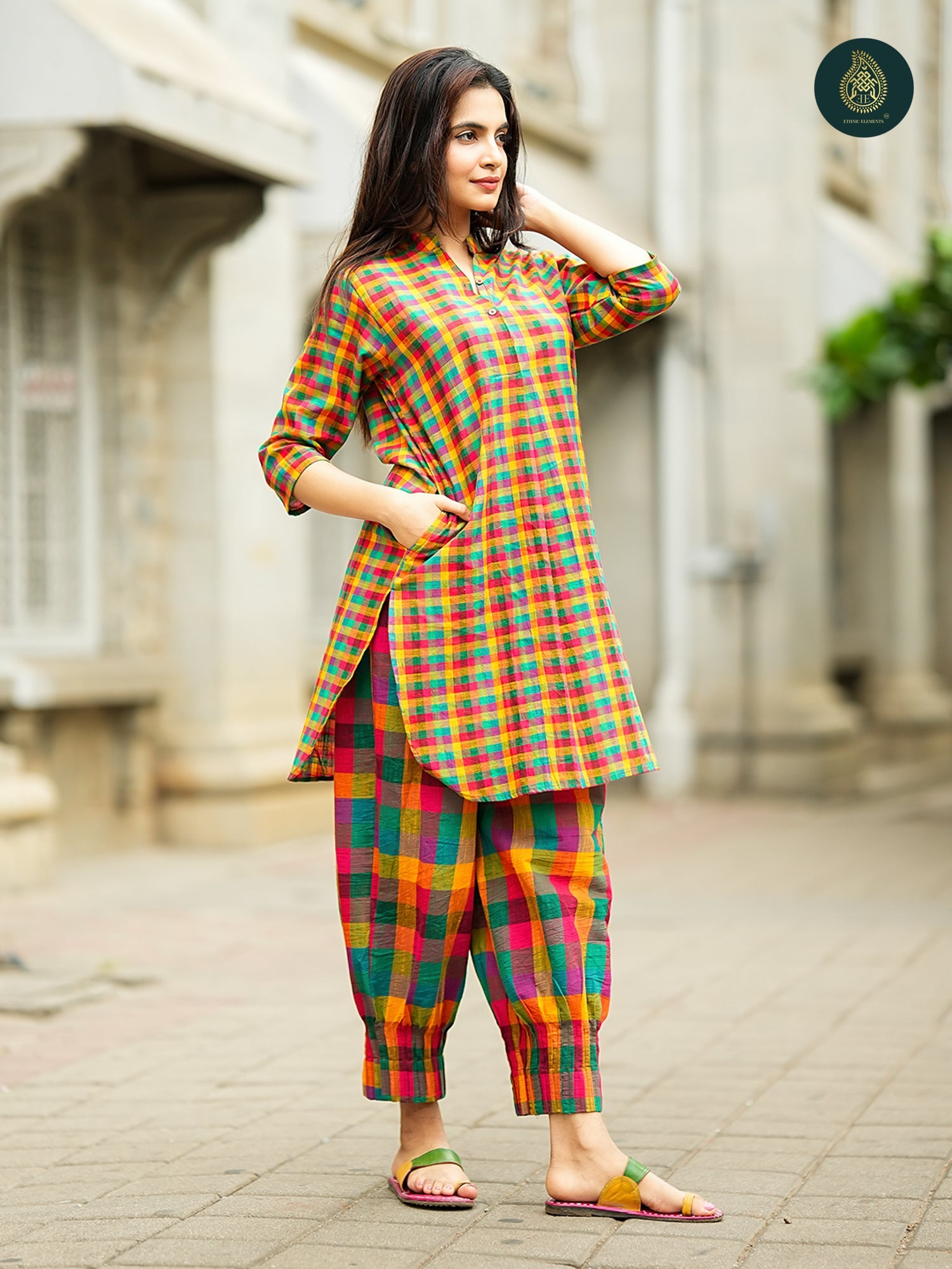 Multicolour Madras check Cotton Kurta & Afghani Stitched Salwar Set For Women