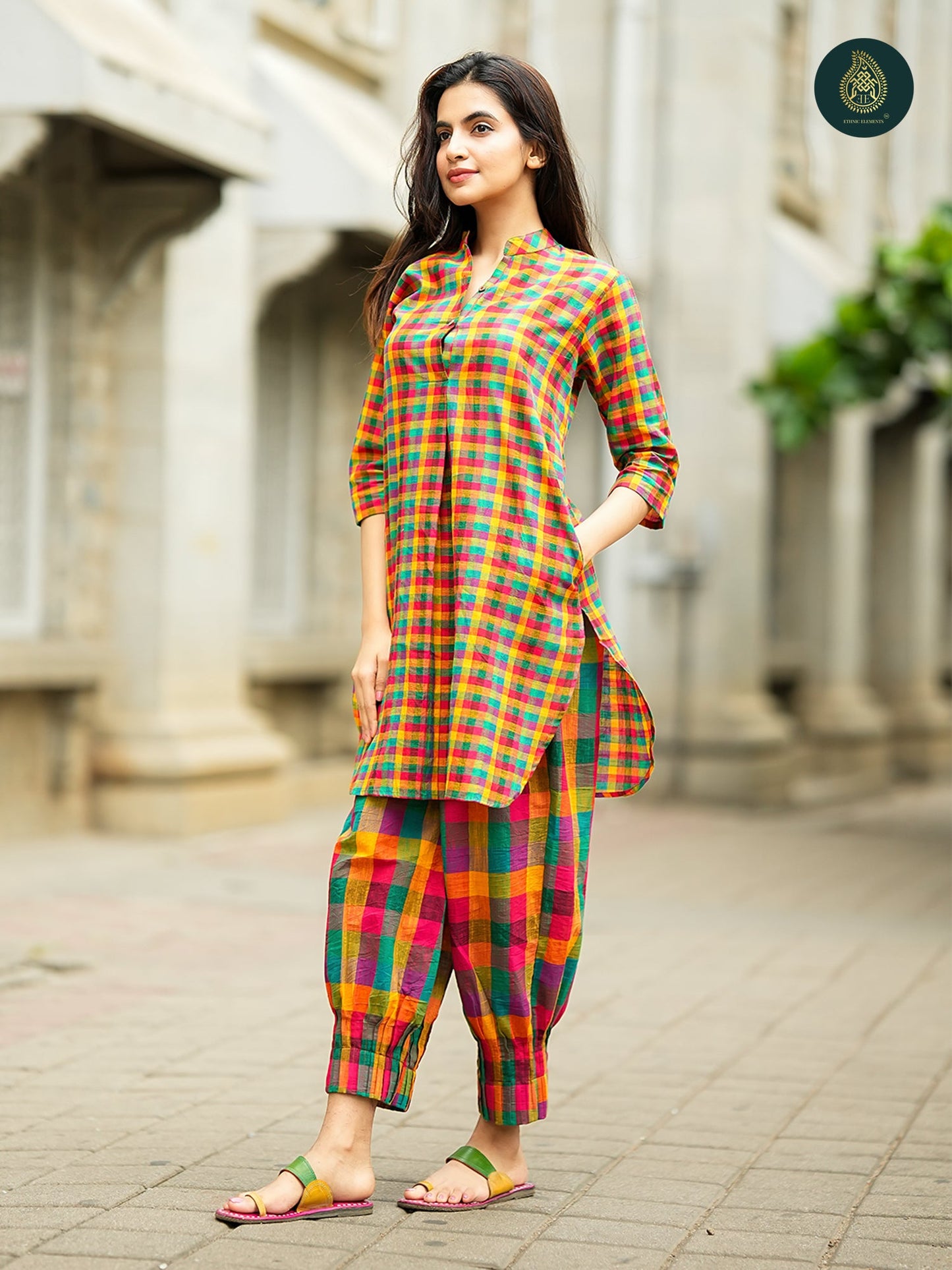 Multicolour Madras check Cotton Kurta & Afghani Stitched Salwar Set For Women