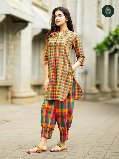 Multicolour Madras check Cotton Kurta & Afghani Stitched Salwar Set For Women