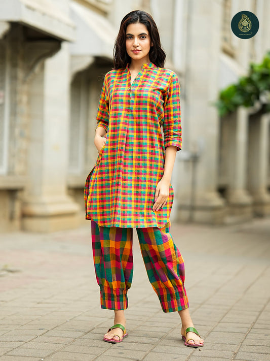 Multicolour Madras check Cotton Kurta & Afghani Stitched Salwar Set For Women