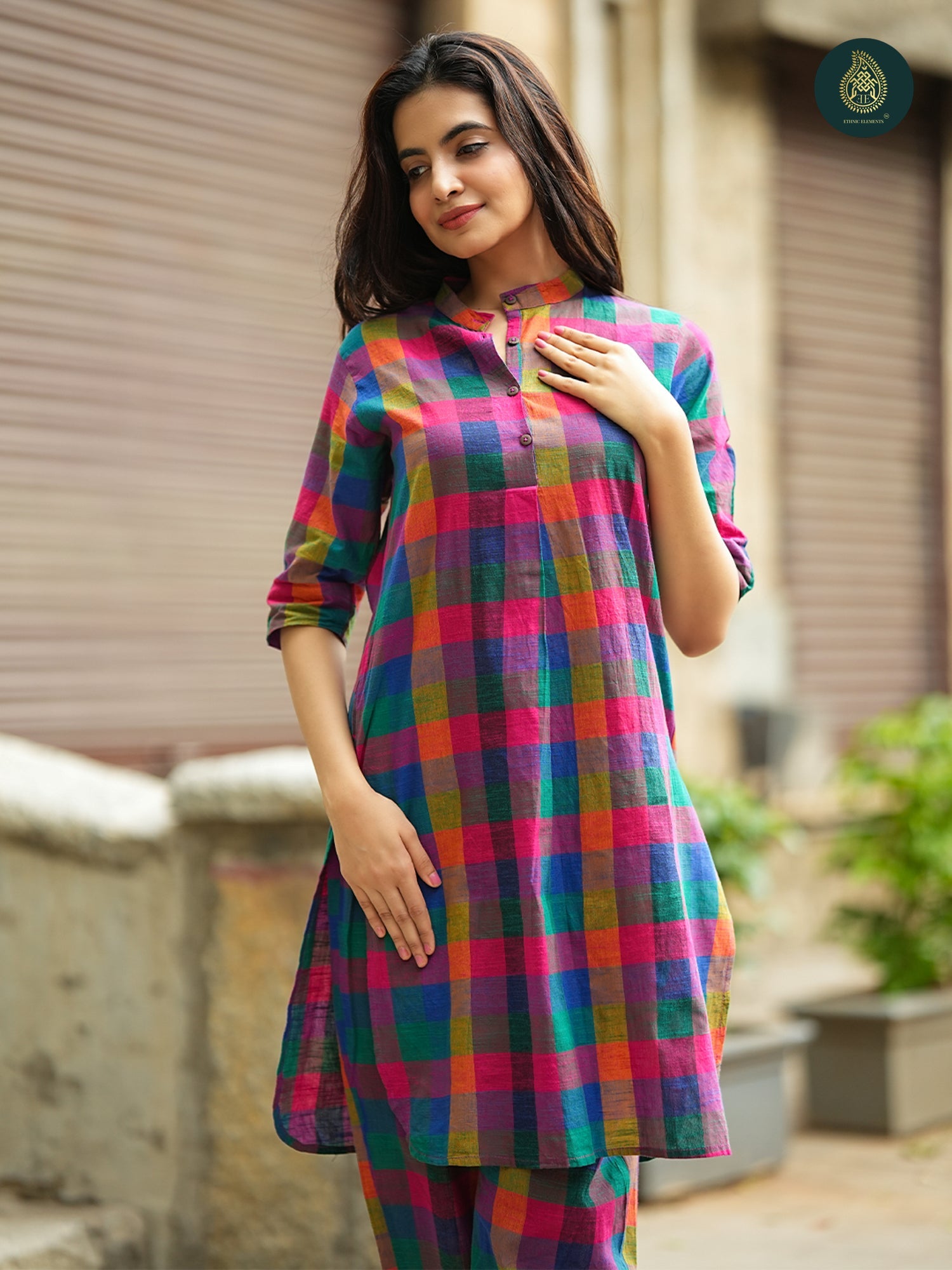 Multicolour Madras check handloom Kurta & Afghani Stitched Salwar Set For Women