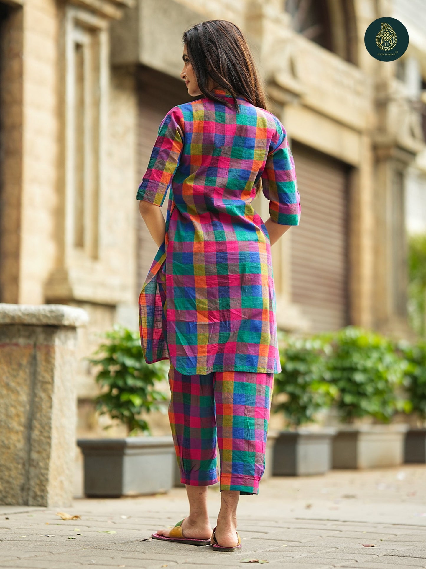 Multicolour Madras check handloom Kurta & Afghani Stitched Salwar Set For Women