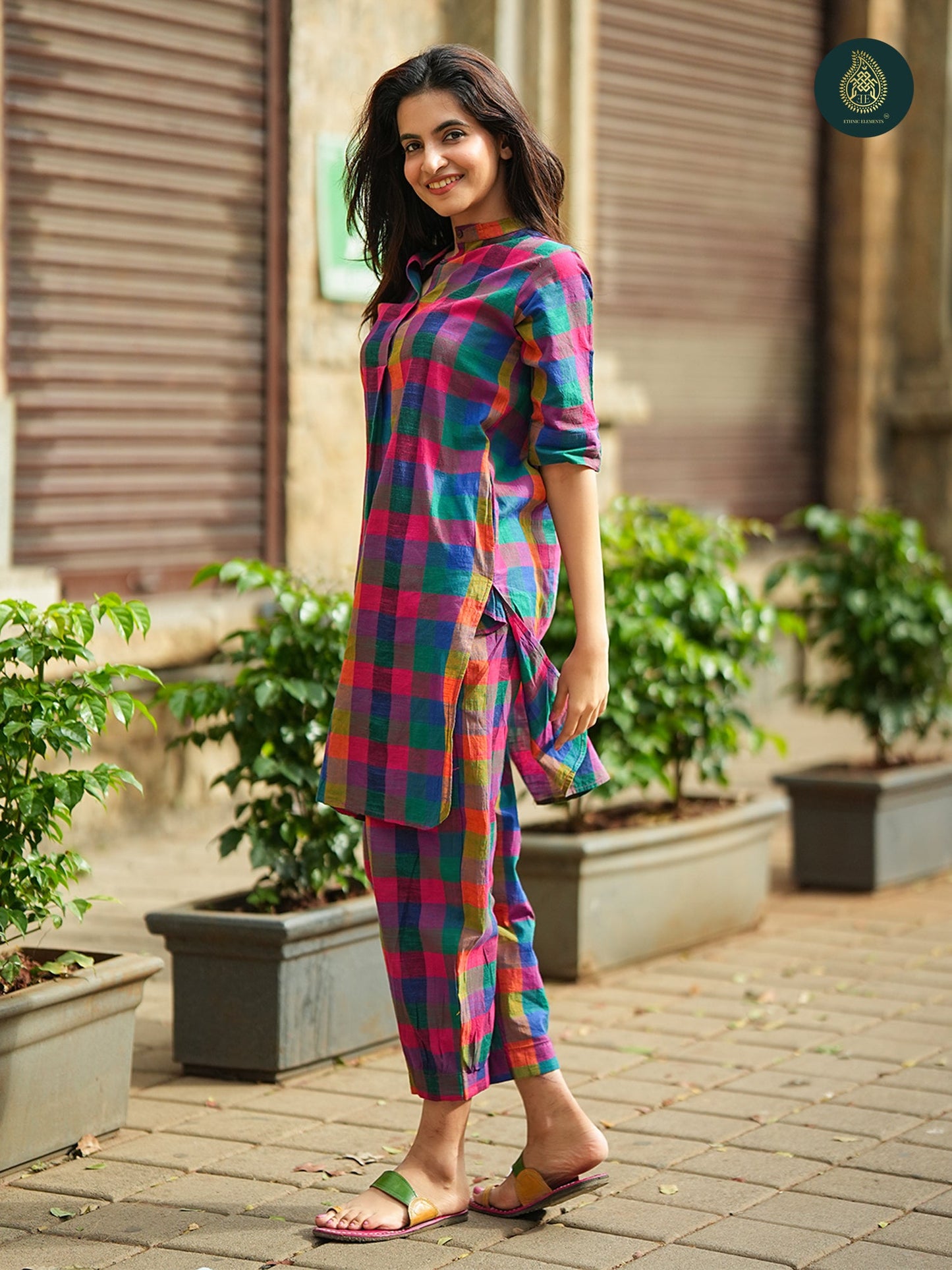 Multicolour Madras check handloom Kurta & Afghani Stitched Salwar Set For Women