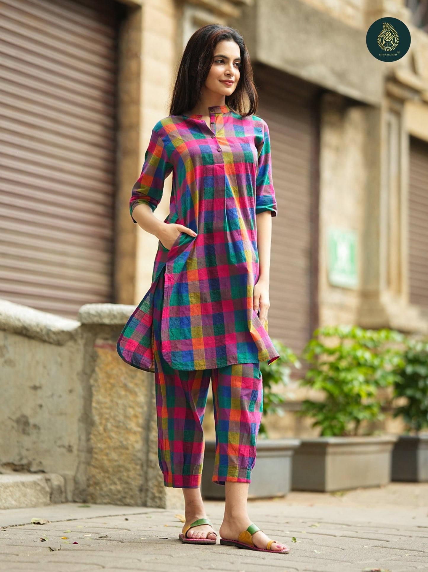 Multicolour Madras check handloom Kurta & Afghani Stitched Salwar Set For Women