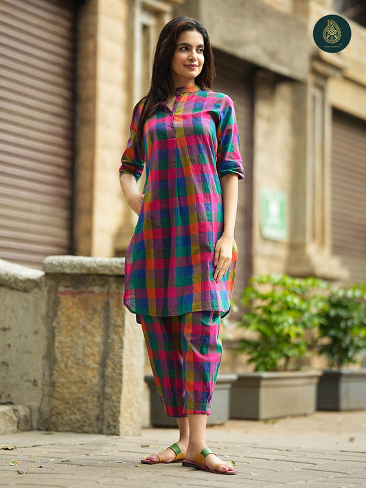 Multicolour Madras check handloom Kurta & Afghani Stitched Salwar Set For Women