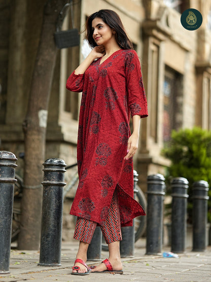 Ajrakh Siyahi - Handblock Ajrakh Hakoba Cotton 2Pc Suit Set
