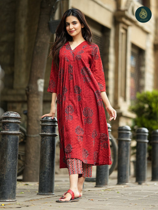 Ajrakh Siyahi - Handblock Ajrakh Hakoba Cotton 2Pc Suit Set