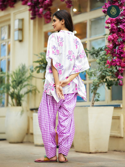 White & Lavender handblock printed sanganeri kaftan top with farsi salwar For Women