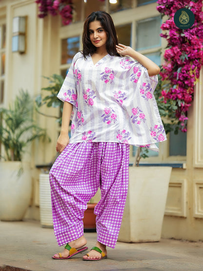 White & Lavender handblock printed sanganeri kaftan top with farsi salwar For Women