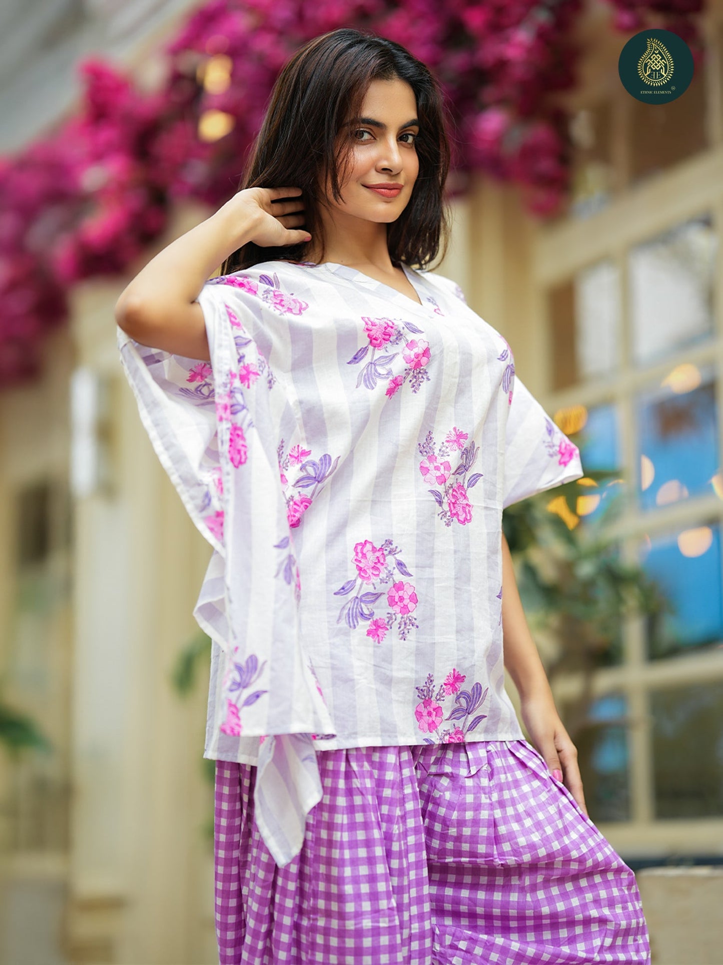 White & Lavender handblock printed sanganeri kaftan top with farsi salwar For Women