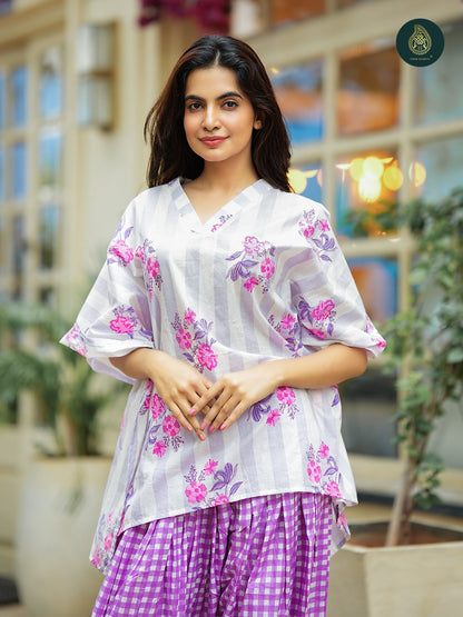 White & Lavender handblock printed sanganeri kaftan top with farsi salwar For Women