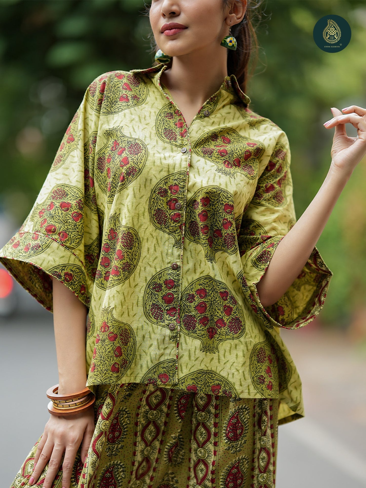 Olive Green Cotton Printed Shirt & Afghani Salwar Co-ord Set For Women