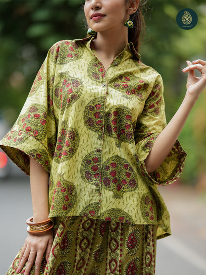 Olive Green Cotton Printed Shirt & Afghani Salwar Co-ord Set For Women