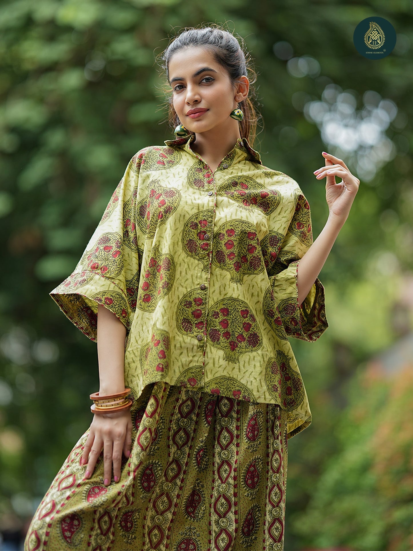 Olive Green Cotton Printed Shirt & Afghani Salwar Co-ord Set For Women