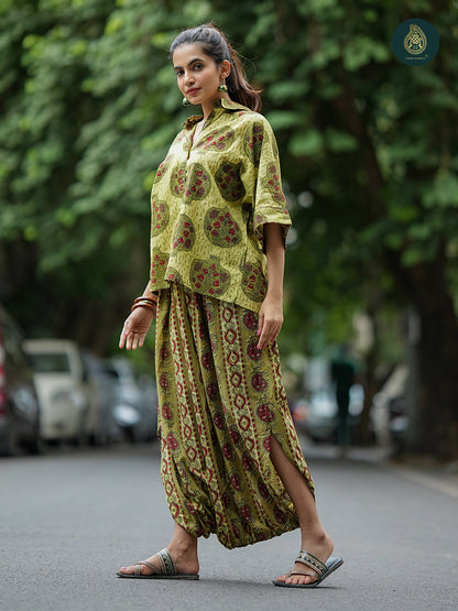 Olive Green Cotton Printed Shirt & Afghani Salwar Co-ord Set For Women