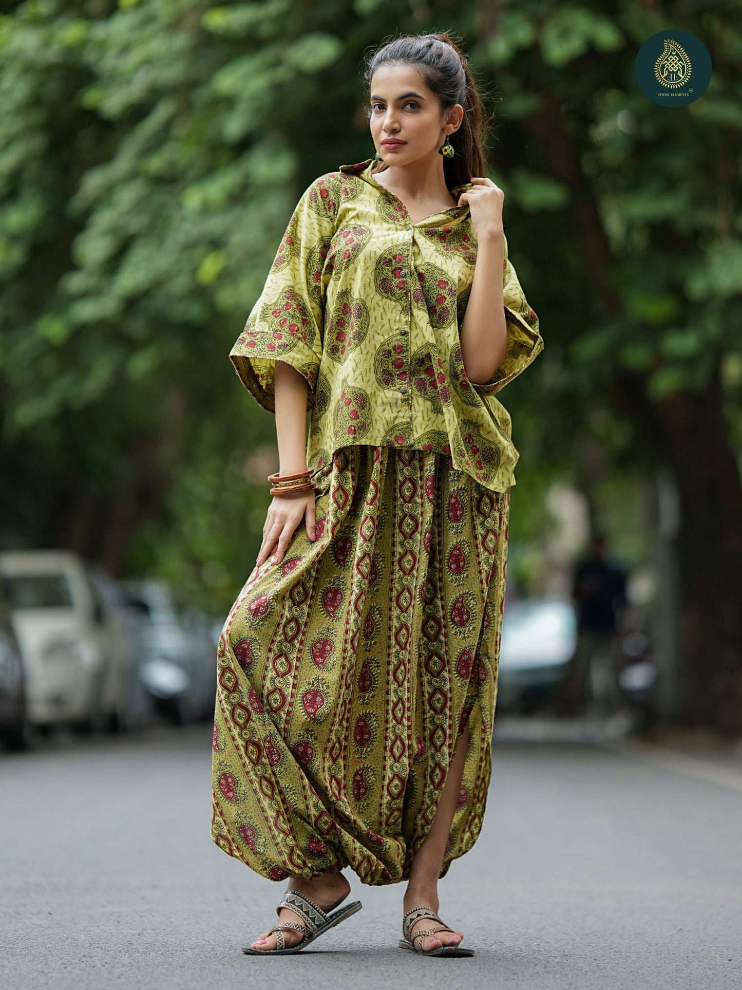 Olive Green Cotton Printed Shirt & Afghani Salwar Co-ord Set For Women