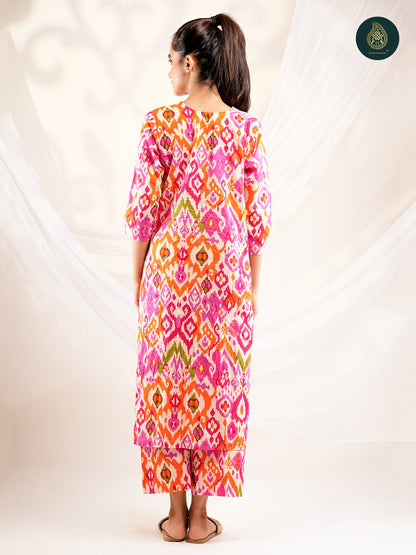 Orangy -  Ikat Cotton Printed Stitched 2Pc Suit Set