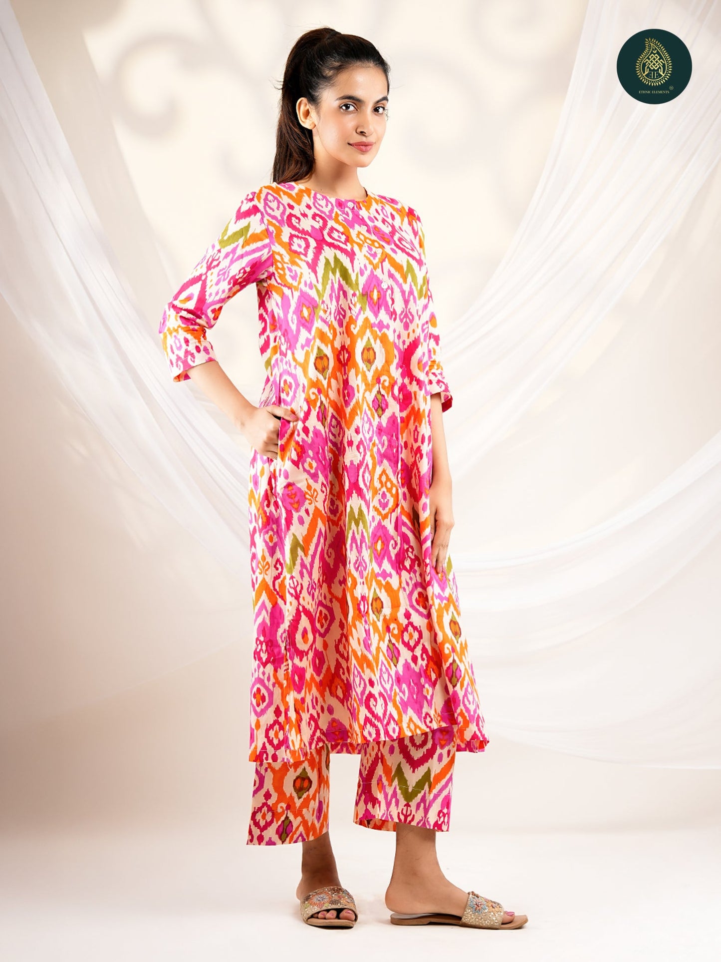 Orangy -  Ikat Cotton Printed Stitched 2Pc Suit Set
