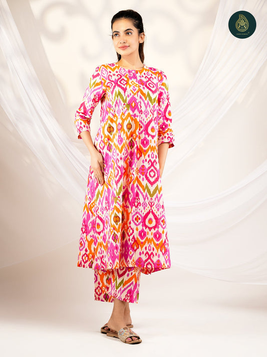 Orangy -  Ikat Cotton Printed Stitched 2Pc Suit Set
