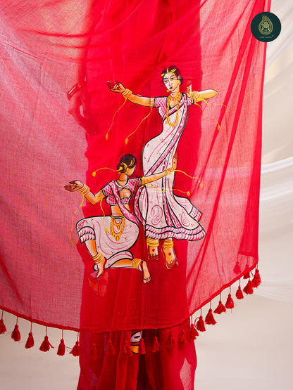 Crimson Red Mul Cotton Saree with Hand-Painted Divine Chariot Pallu