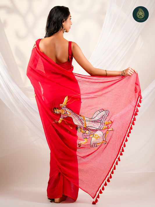 Crimson Red Mul Cotton Saree with Hand-Painted Divine Chariot Pallu
