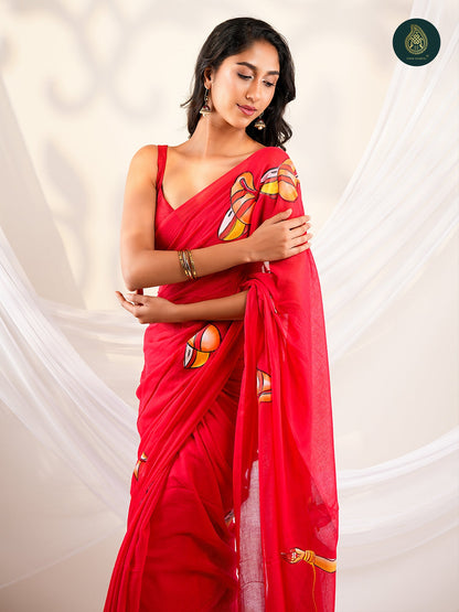 Crimson Red Mul Cotton Saree with Hand-Painted Divine Chariot Pallu