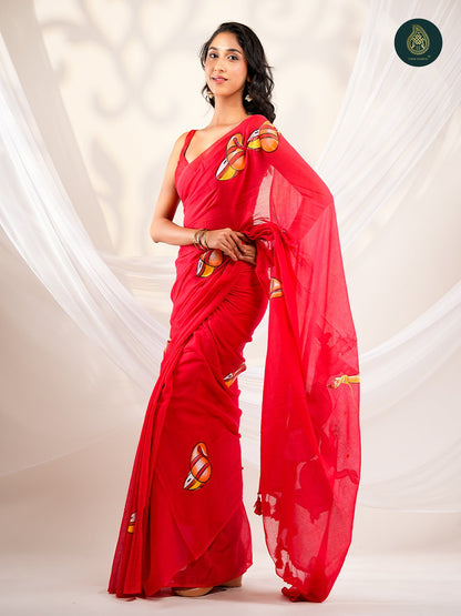 Crimson Red Mul Cotton Saree with Hand-Painted Divine Chariot Pallu