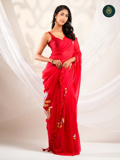 Crimson Red Mul Cotton Saree with Hand-Painted Divine Chariot Pallu