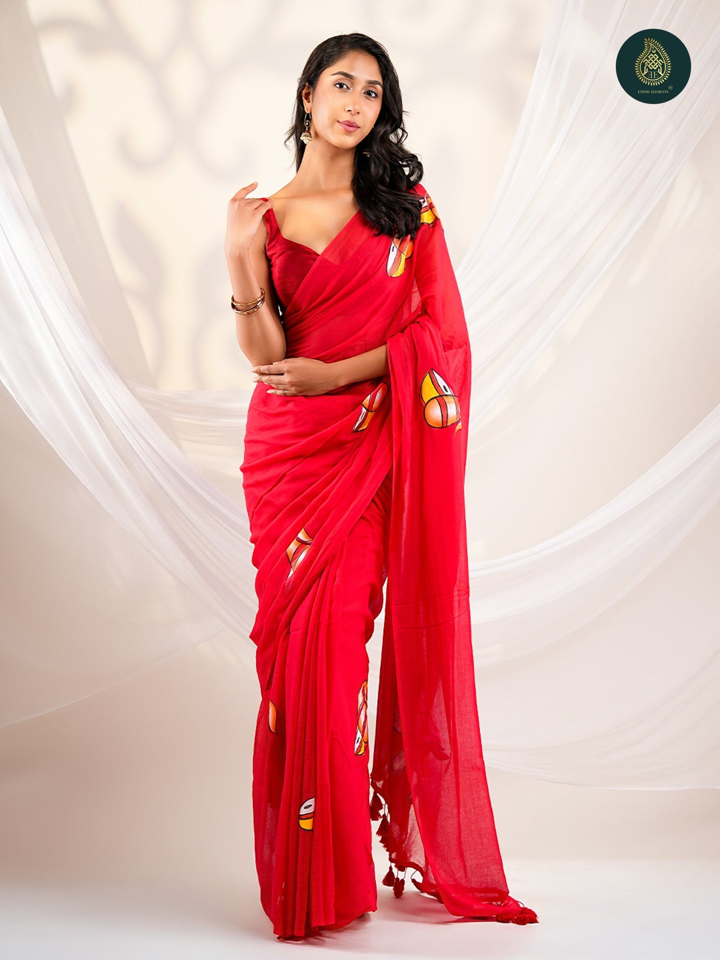Crimson Red Mul Cotton Saree with Hand-Painted Divine Chariot Pallu
