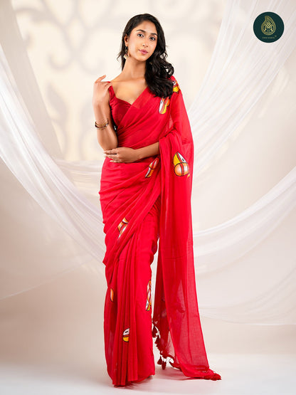 Crimson Red Mul Cotton Saree with Hand-Painted Divine Chariot Pallu