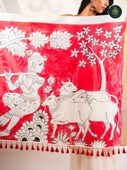Ivory Mul Cotton Kasavu Saree with Handpainted Pattachitra Pallu
