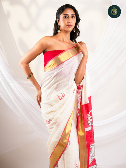Ivory Mul Cotton Kasavu Saree with Handpainted Pattachitra Pallu