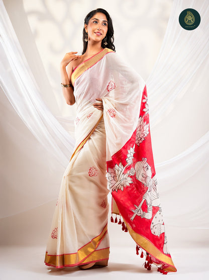 Ivory Mul Cotton Kasavu Saree with Handpainted Pattachitra Pallu