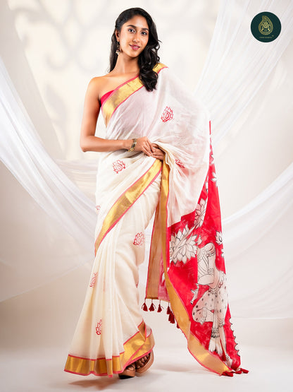 Ivory Mul Cotton Kasavu Saree with Handpainted Pattachitra Pallu