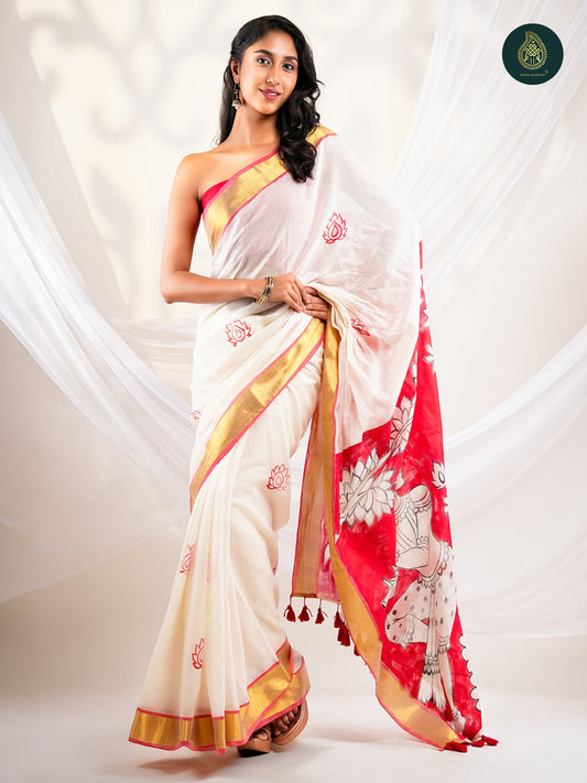 Ivory Mul Cotton Kasavu Saree with Handpainted Pattachitra Pallu