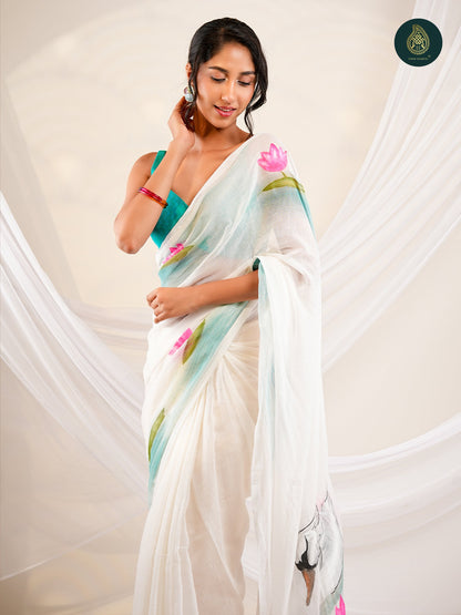Ivory Mul Cotton Saree with Hand-Painted Pink Swan Motifs