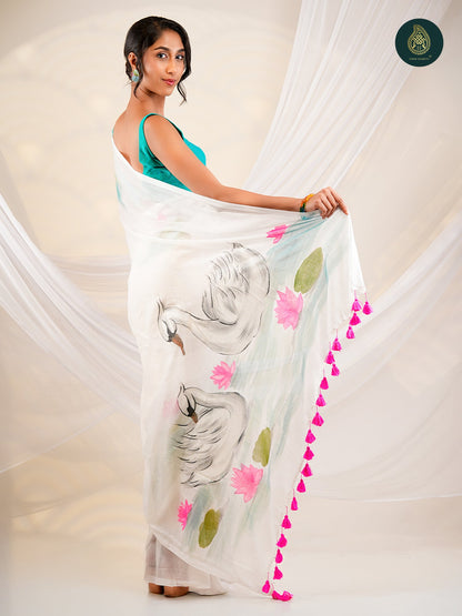Ivory Mul Cotton Saree with Hand-Painted Pink Swan Motifs