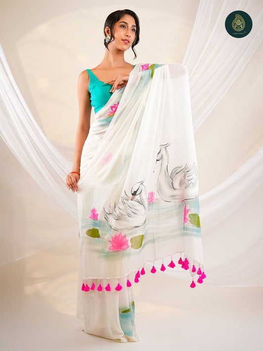 Ivory Mul Cotton Saree with Hand-Painted Pink Swan Motifs