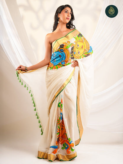 Ivory Mul Cotton Saree with Hand-Painted Border & Pallu