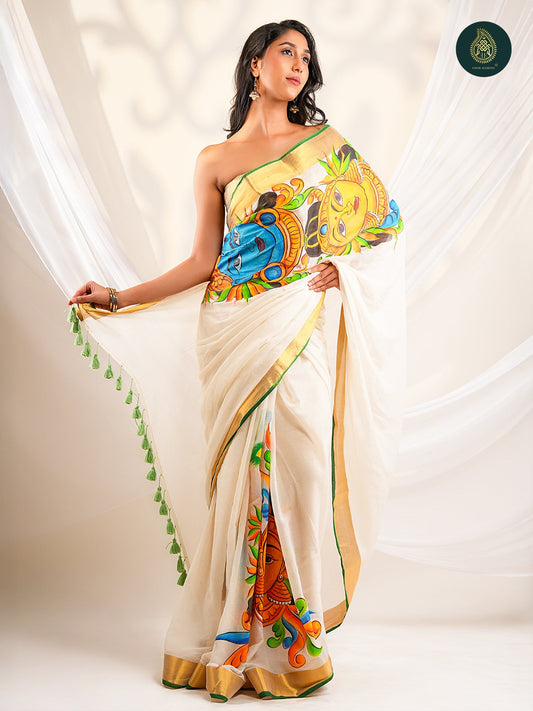 Ivory Mul Cotton Saree with Hand-Painted Border & Pallu