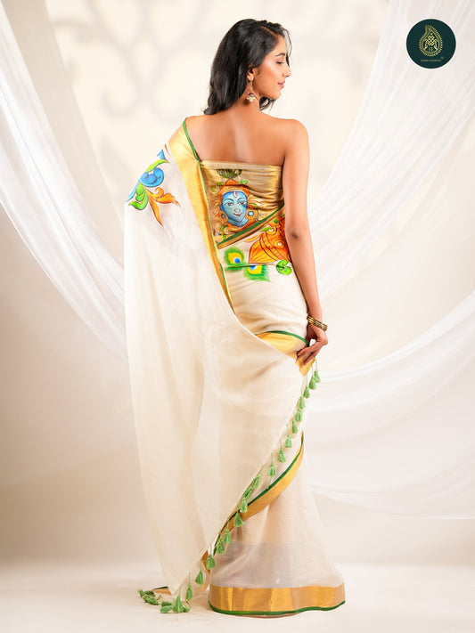 Ivory Mul Cotton Saree with Hand-Painted Border & Pallu