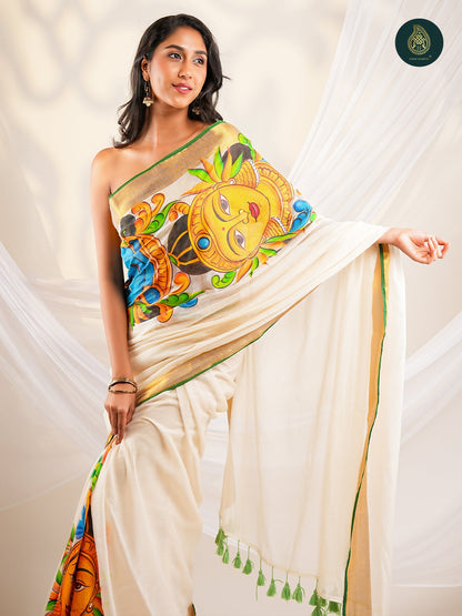 Ivory Mul Cotton Saree with Hand-Painted Border & Pallu