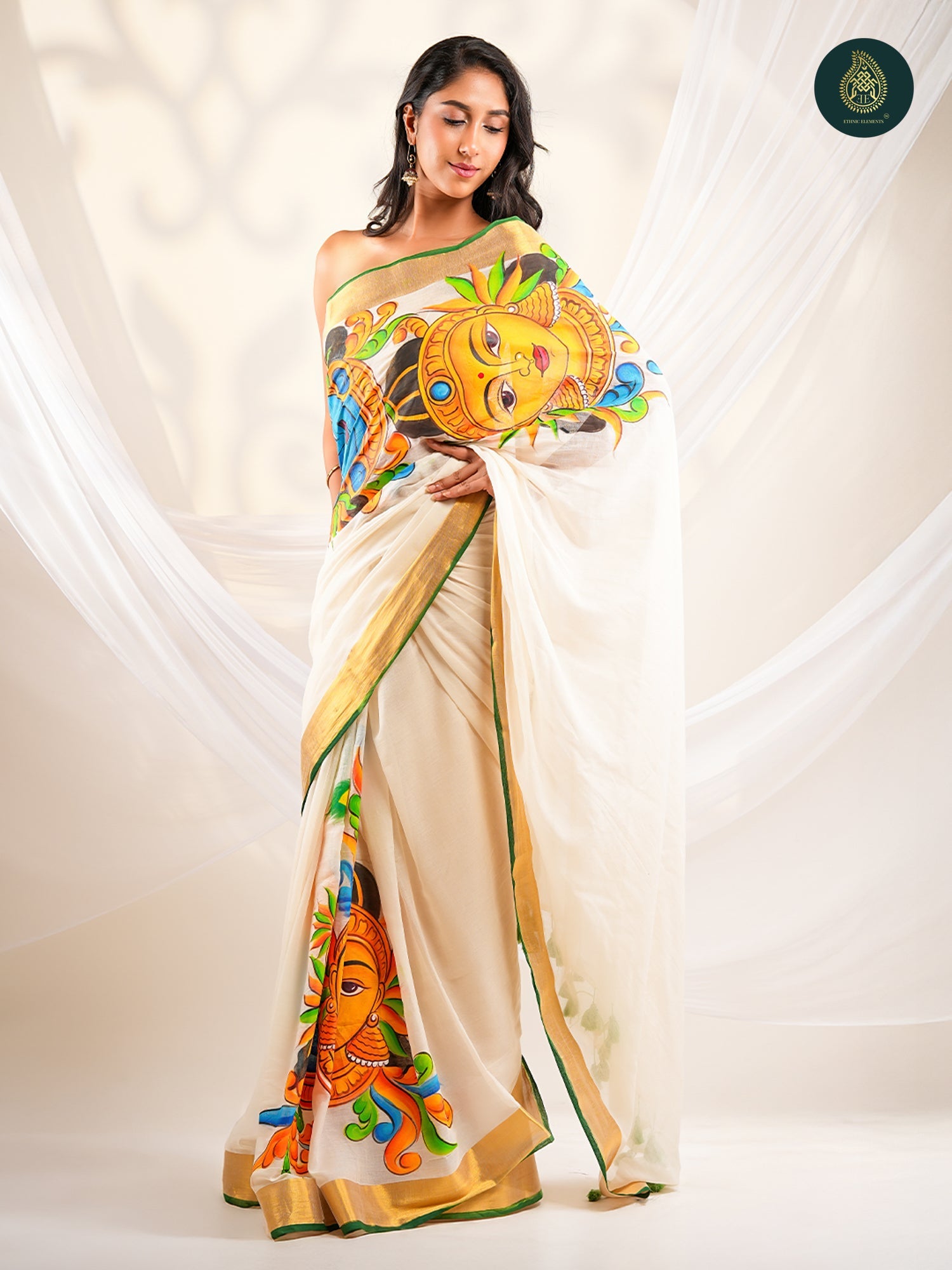 Ivory Mul Cotton Saree with Hand-Painted Border & Pallu